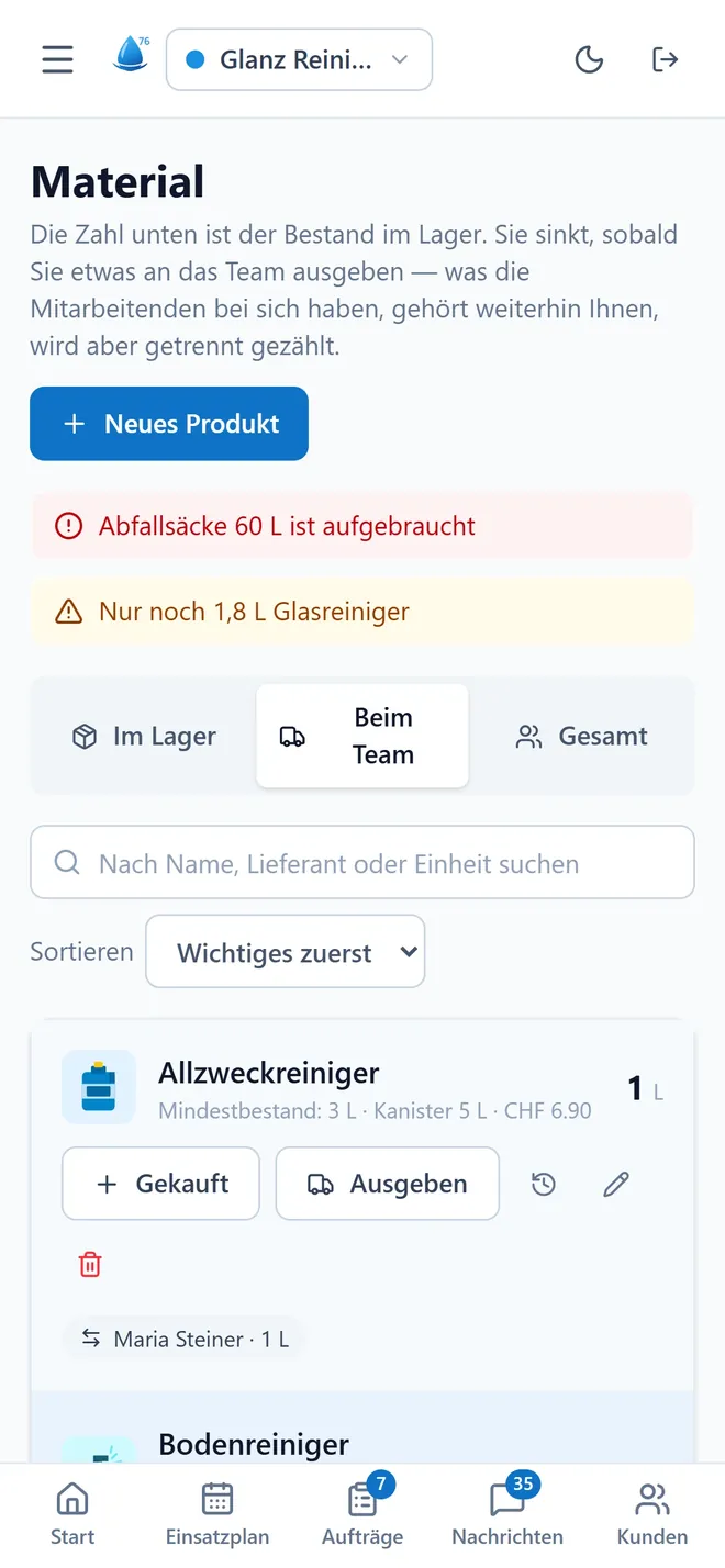 Die Materialliste: Bestand im Lager und bei den Teams, mit Warnungen beim Minimum.