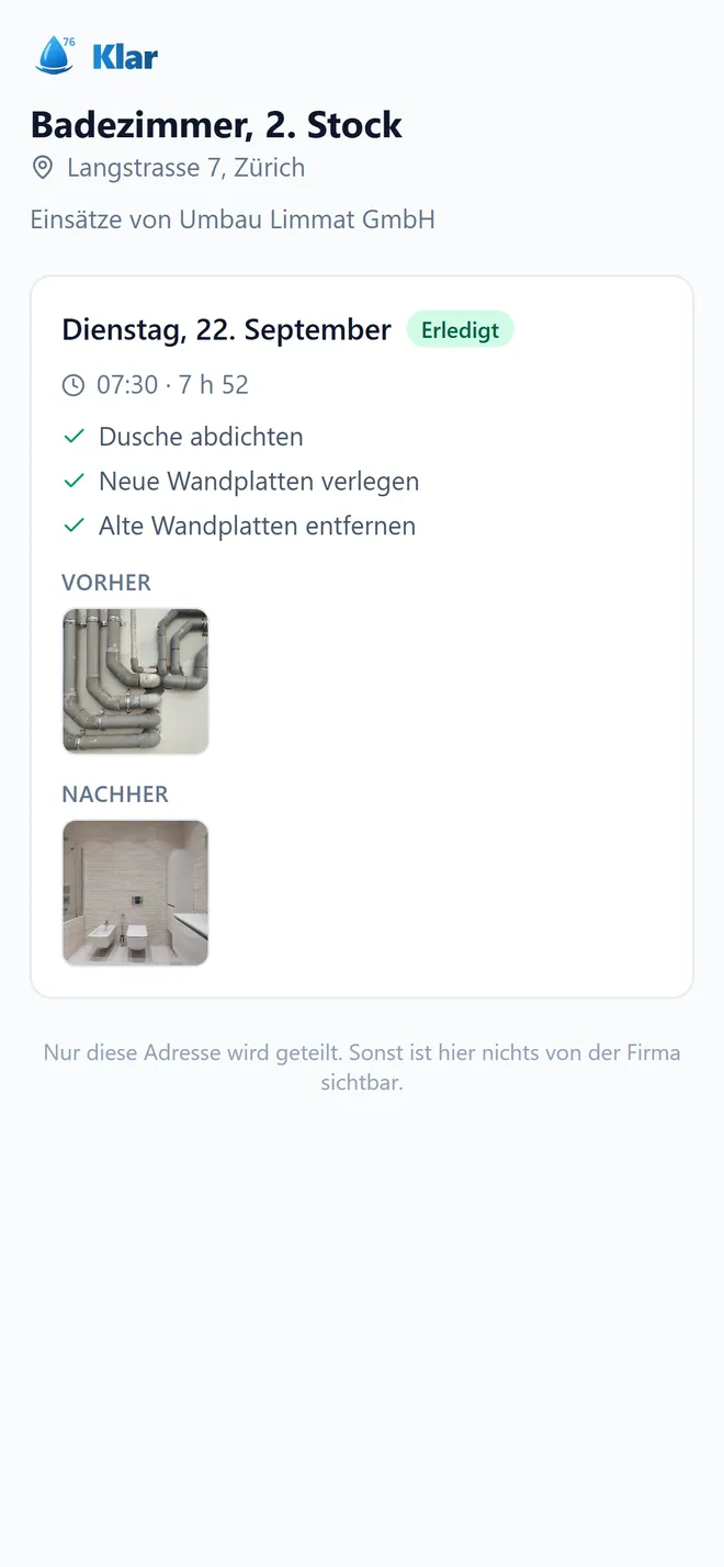 Die Kundenseite: Datum, erledigte Aufgaben und Fotos vorher und nachher.