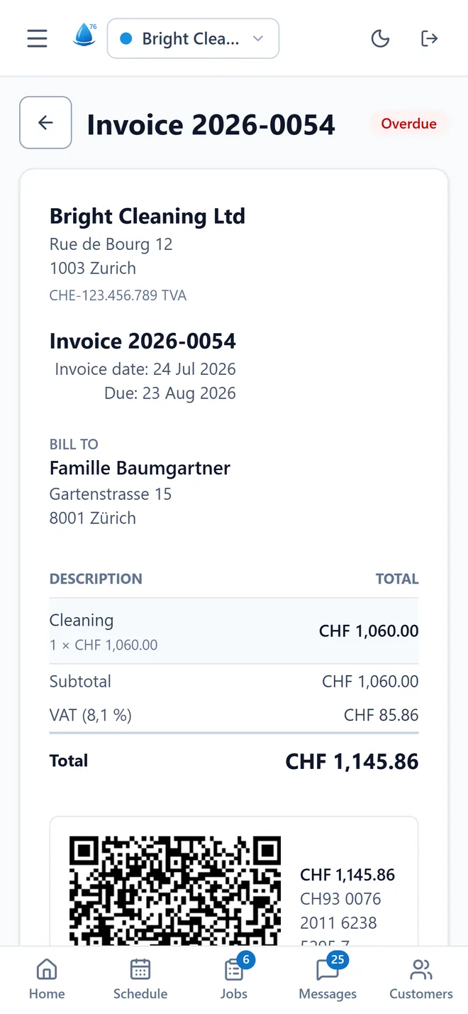 An invoice in the app, with 8.1% VAT and the Swiss QR code.