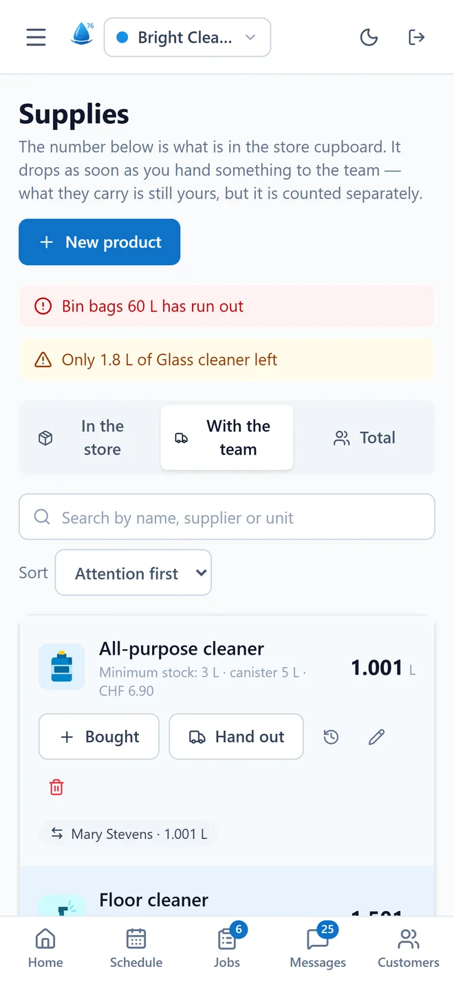The Supplies screen: stock in the store room and out in the field, with minimum-level alerts.