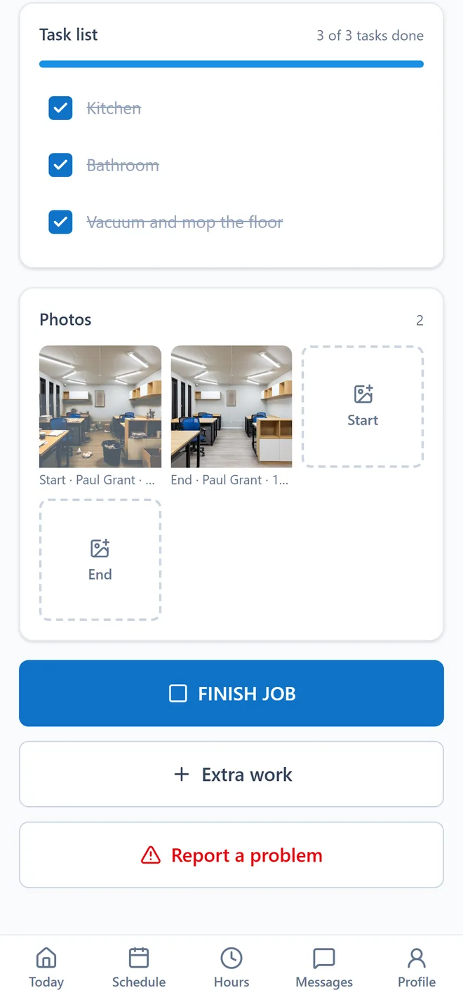 The employee’s phone: tasks ticked off, start and finish photos, the button to finish the job.