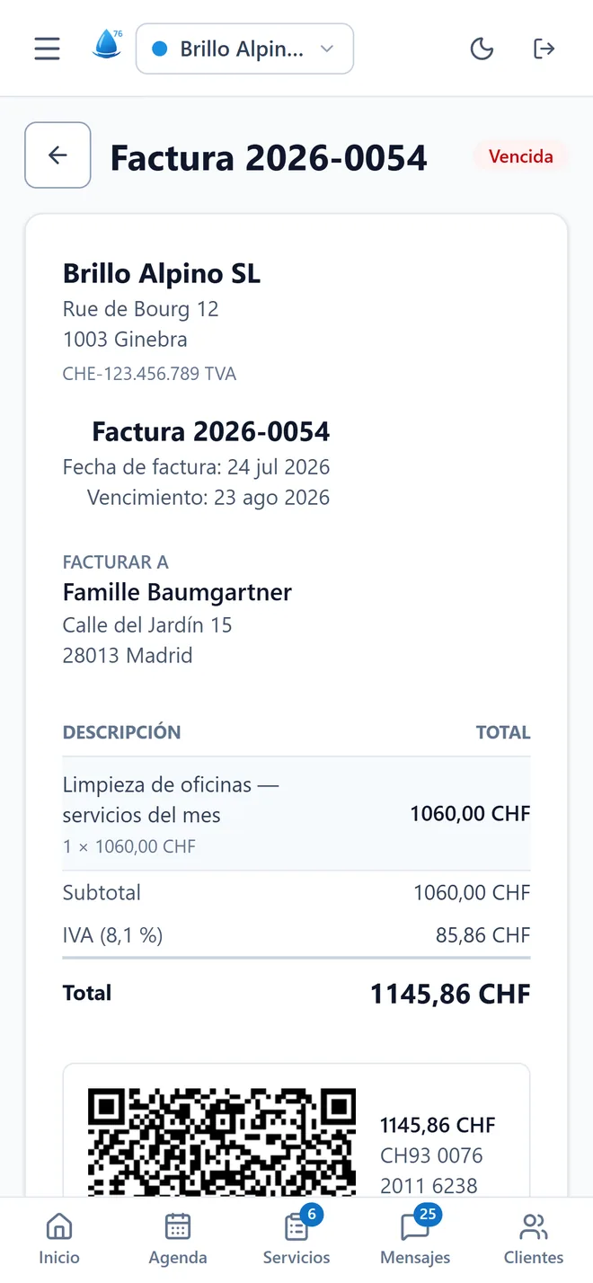 Una factura en la app, con el IVA al 8,1% y el QR suizo.
