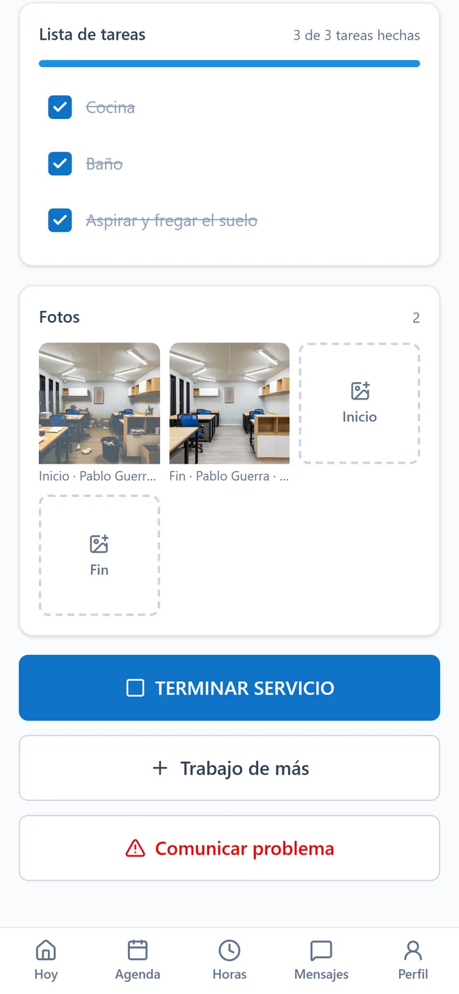 El móvil del empleado: las tareas marcadas, las fotos del principio y del final, el botón para terminar.