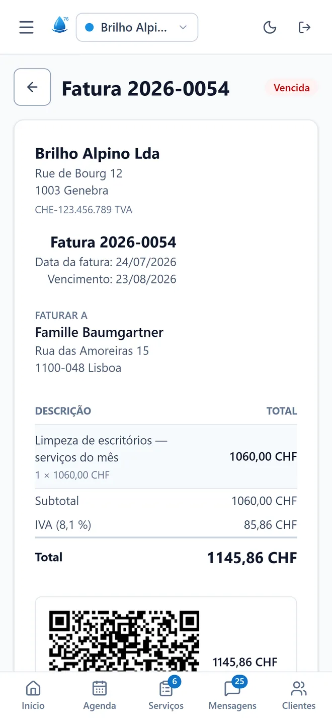 Uma fatura na app, com IVA a 8,1% e o QR suíço.